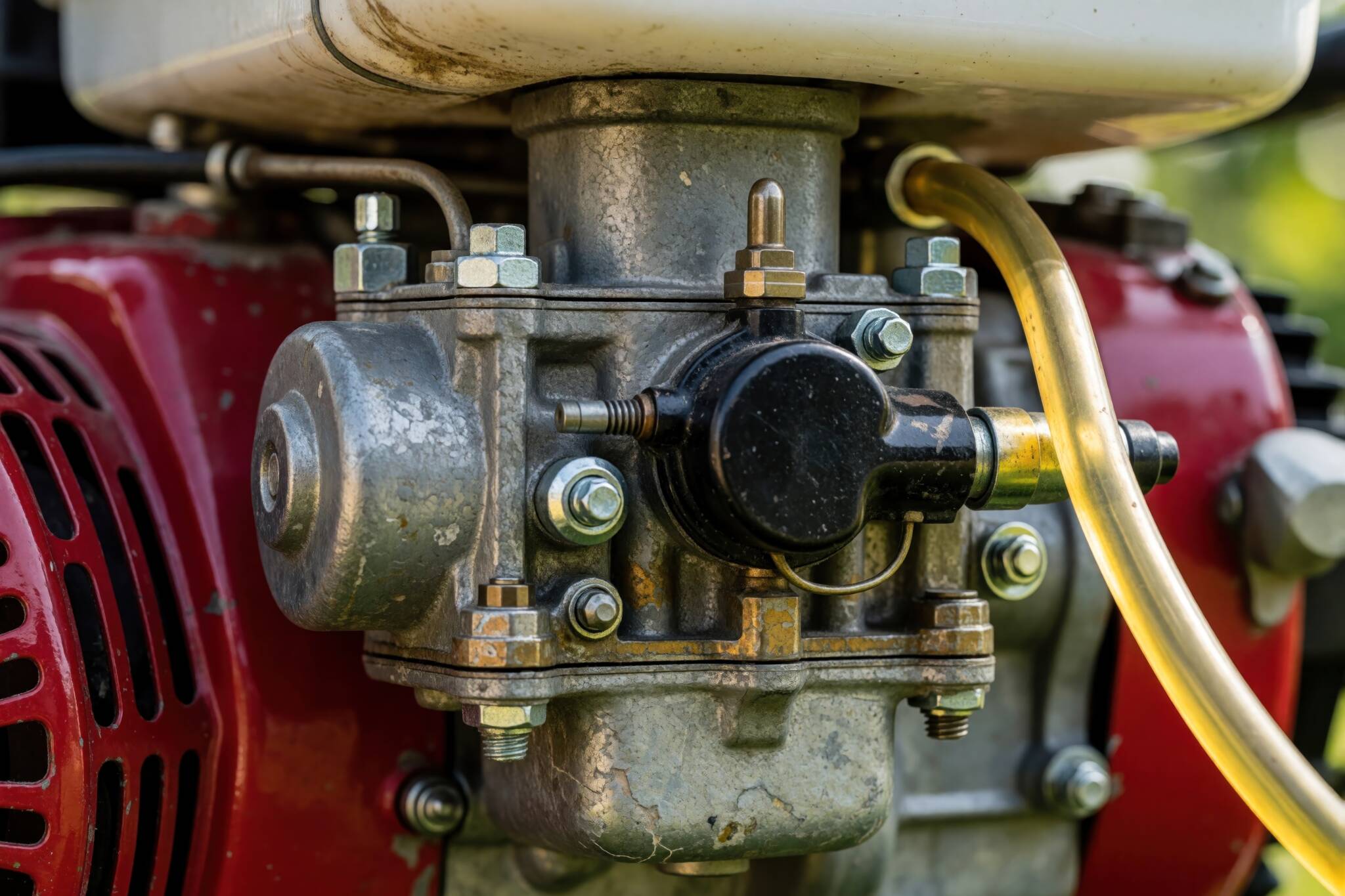 Close Up Of A Small Engine Carburetor With Fuel Line And Red Casing. Shows Metal Complexity And Mechanical Detail For Repair Or Maintenance Needs. Close Up Of A Small Engine Carburetor With Fuel Line And Red Casing. Shows Metal Complexity And Mechanical Detail For Repair Or Maintenance Needs.
